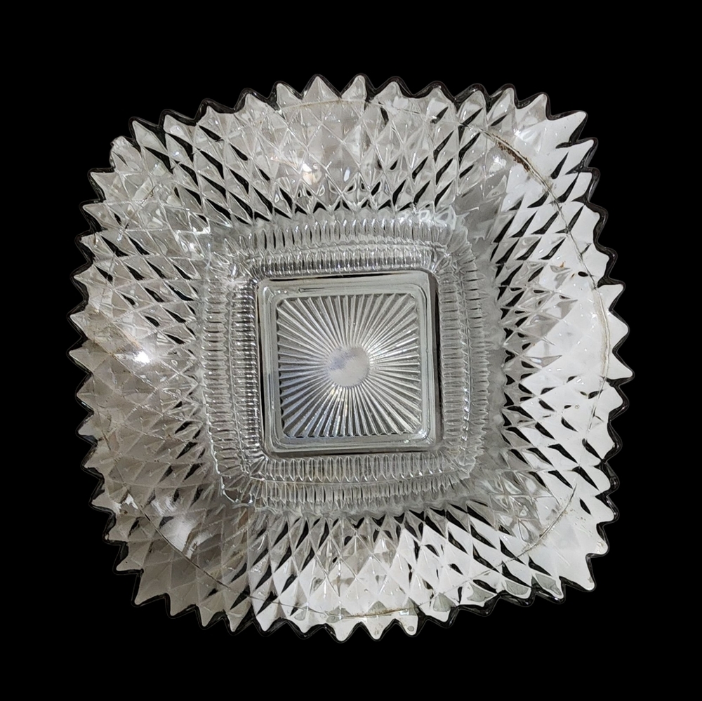 vintage Indiana  Diamond Point Silver glass ruffled square nut or candy dish.